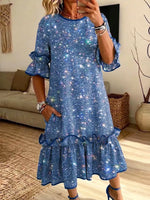 Retro Shiny Stars Pattern Art Print Casual Ruffle Stylish Cotton Linen Dress