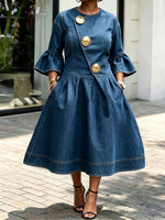 Women Diagonal Gold Buttons Denim Midi Dress Flared 3/4 Sleeve A‑Line Pleated Dress With Pockets