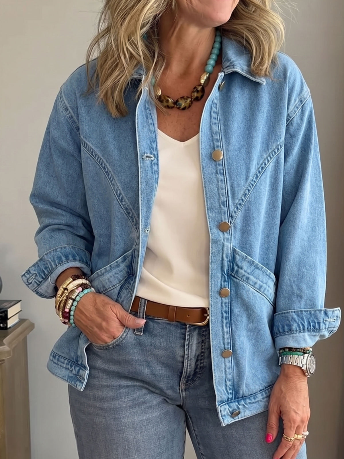 Women Loose Washed Denim Jacket Collared Long Sleeve Casual Outerwear With Pockets