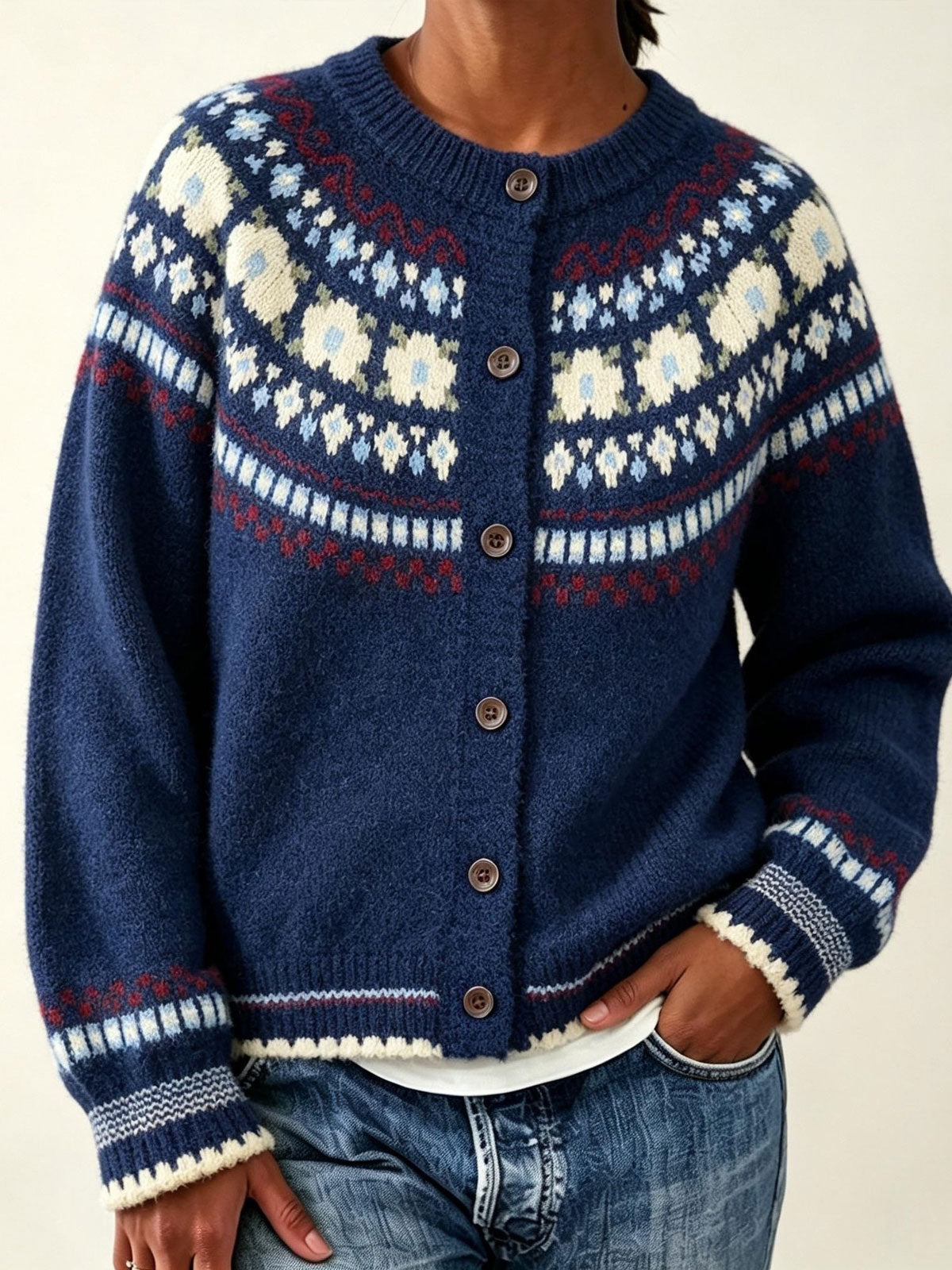 Women Fair Isle Floral Jacquard Round Neck Button‑Down Knit Cardigan