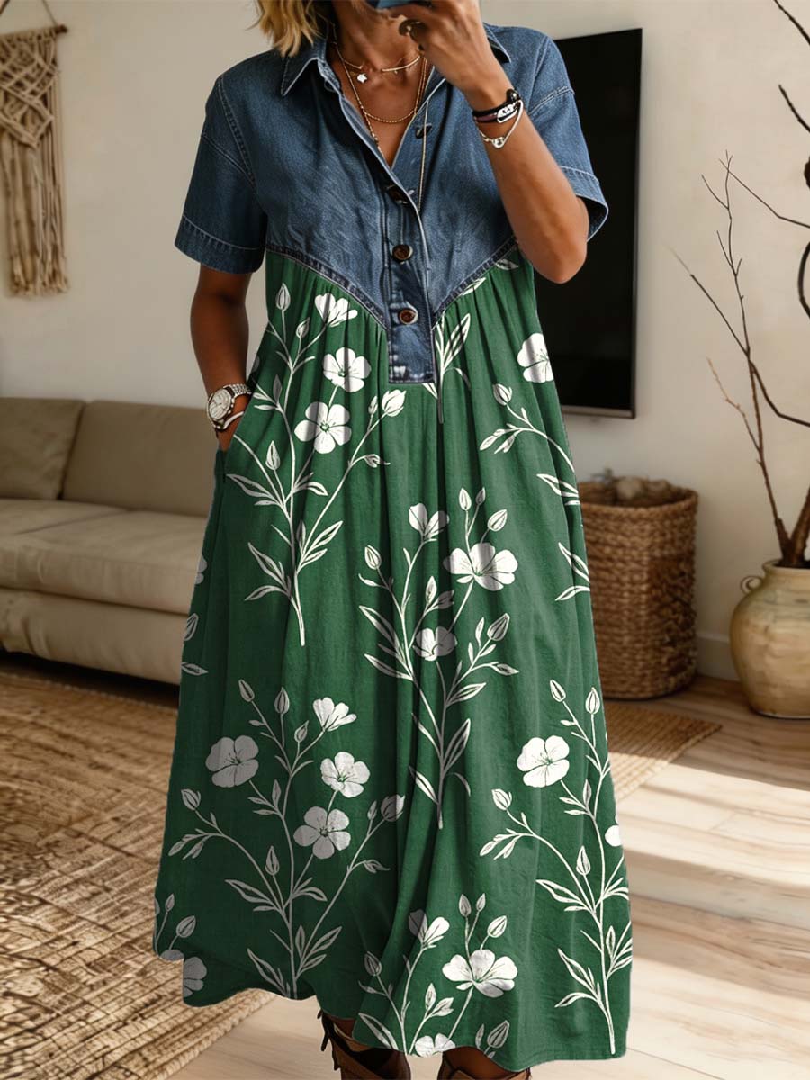 Vintage Floral Pattern Art Print Casual Stylish Lapel Denim Patchwork Dress