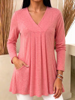 Women V‑Neck Pleated Long Sleeve Tunic Top Loose Swing Blouse With Side Pockets