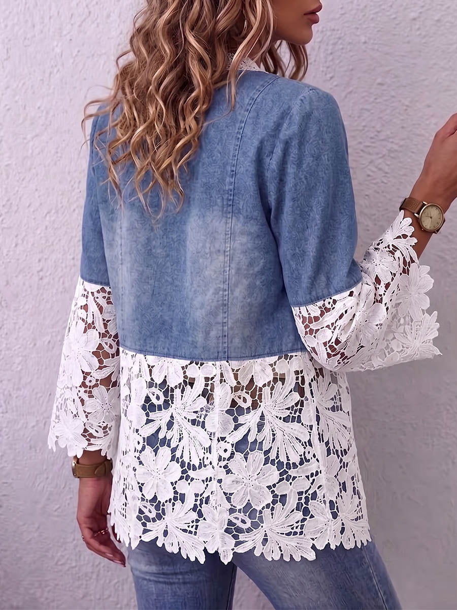 Vintage Elegant Denim Patchwork Hollowed Out Lace Jacket