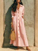 Retro Elegant Lapel Art Button Casual Long Sleeve Stylish Long Dress
