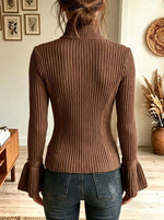 Women's High Collar Bell Sleeve Ribbed Knit Cardigan