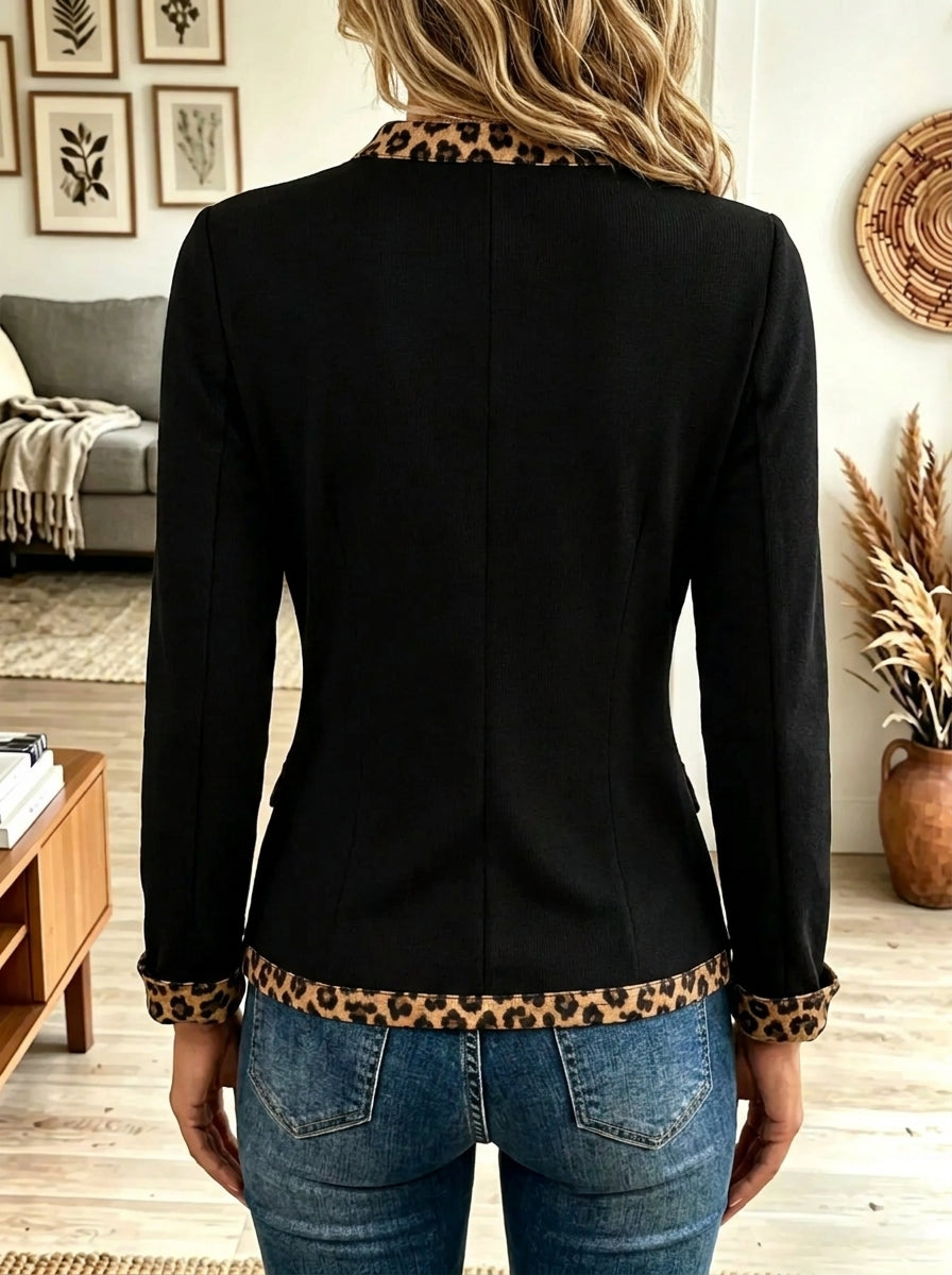 Women's Leopard Contrast Trim Button-Front Knit Blazer