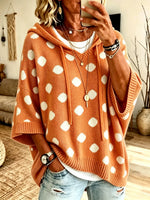 Women White Polka Dot Print Hooded Short Sleeve Knit Top