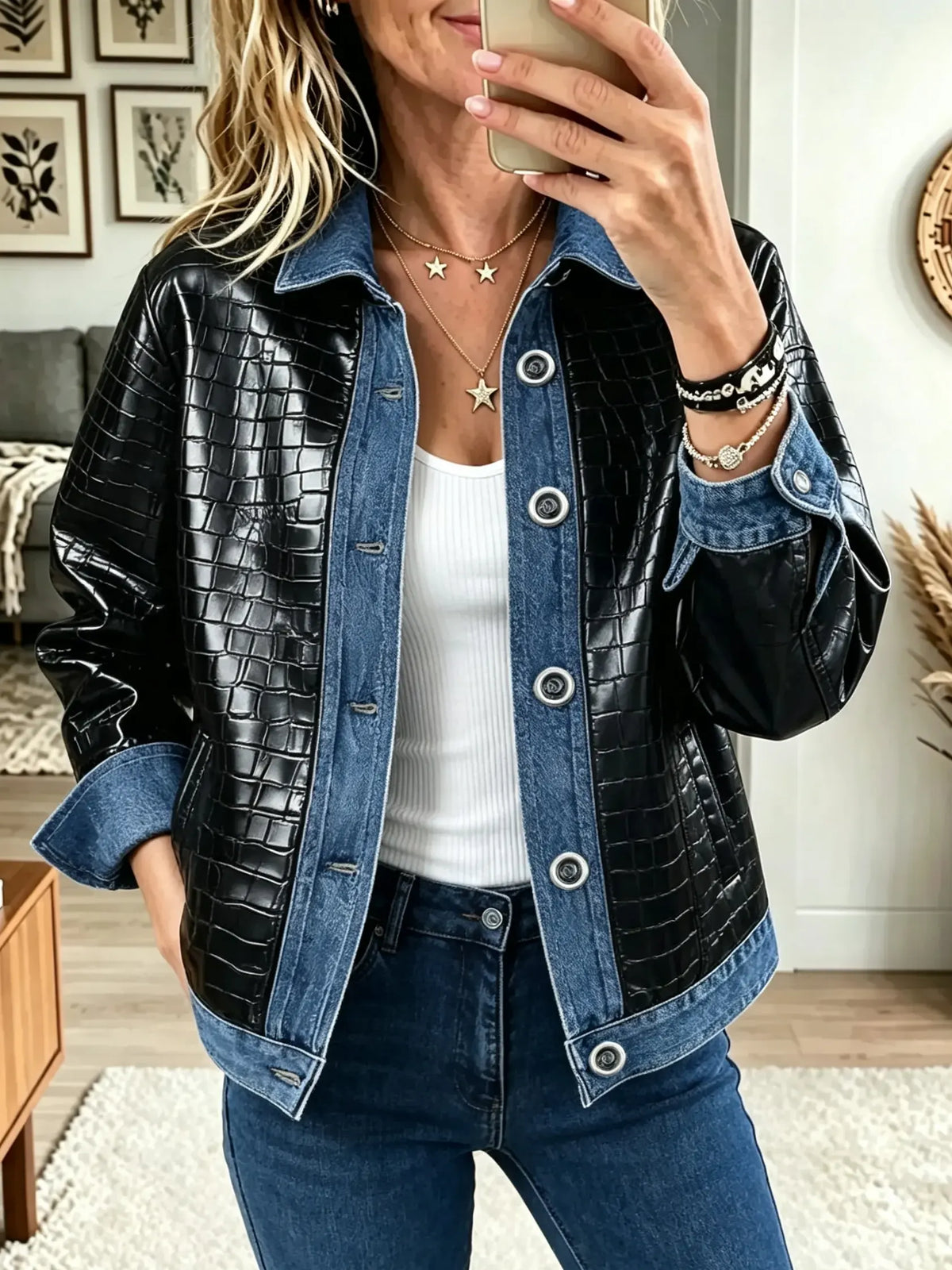 Women's Croc Embossed Denim Patchwork Jacket