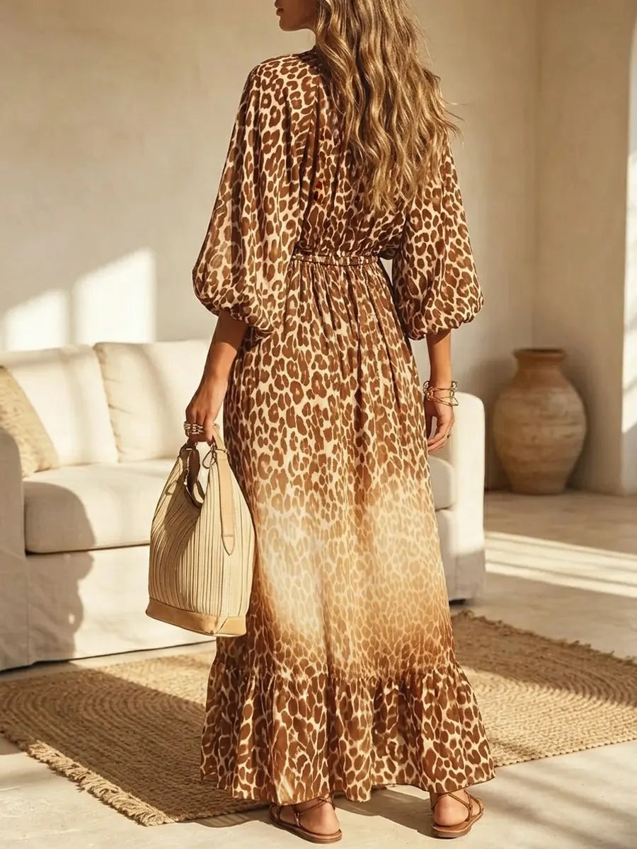 Retro Leopard Pattern Art Print Casual Stylish Cotton Long Dress