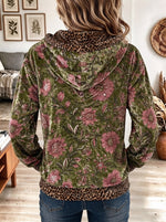 Women's Green Velvet Floral Print Zip-Up Hoodie with Leopard Contrast Trim