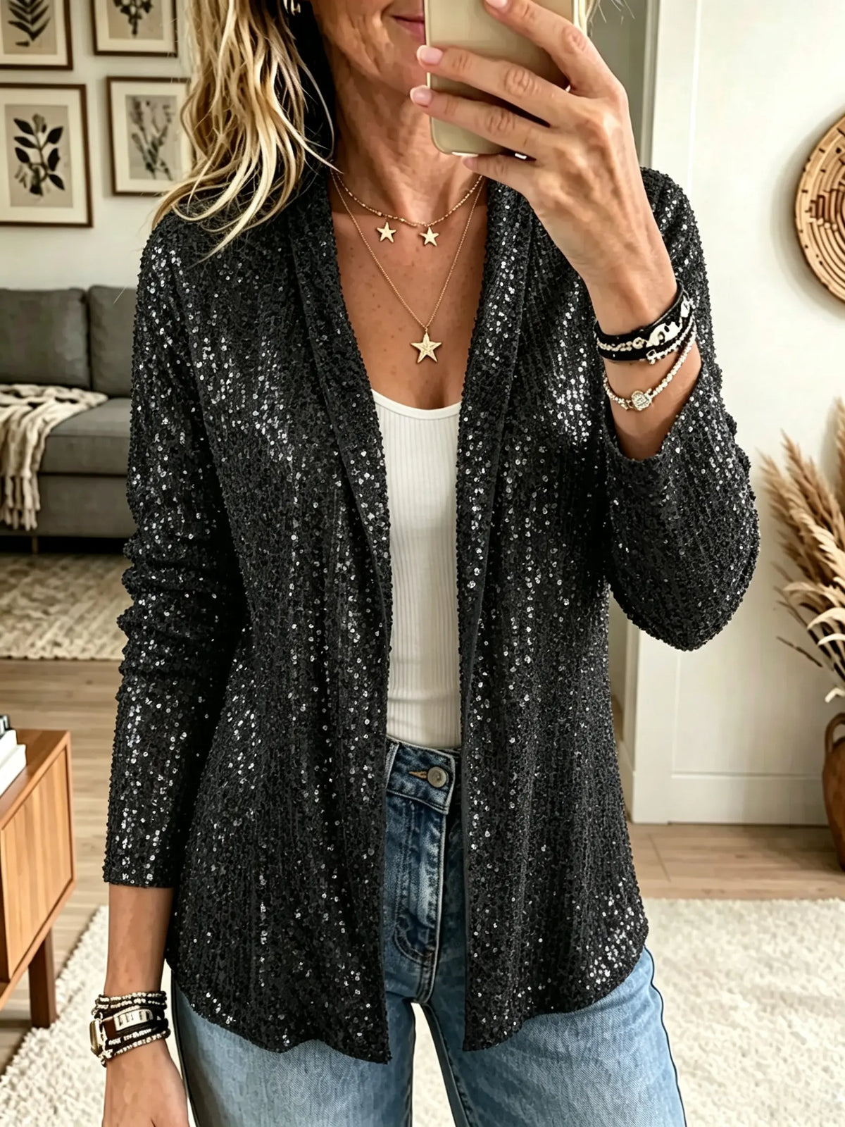 Women's Sequin Open-Front Blazer Cardigan