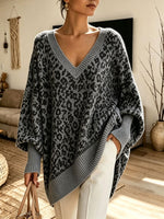 Women Oversized V‑Neck Leopard Print Batwing Sleeve Knit Sweater
