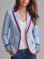 Women Striped Blazer Red Velvet Trim Lapel Single‑Button Slim Casual Jacket With Pockets