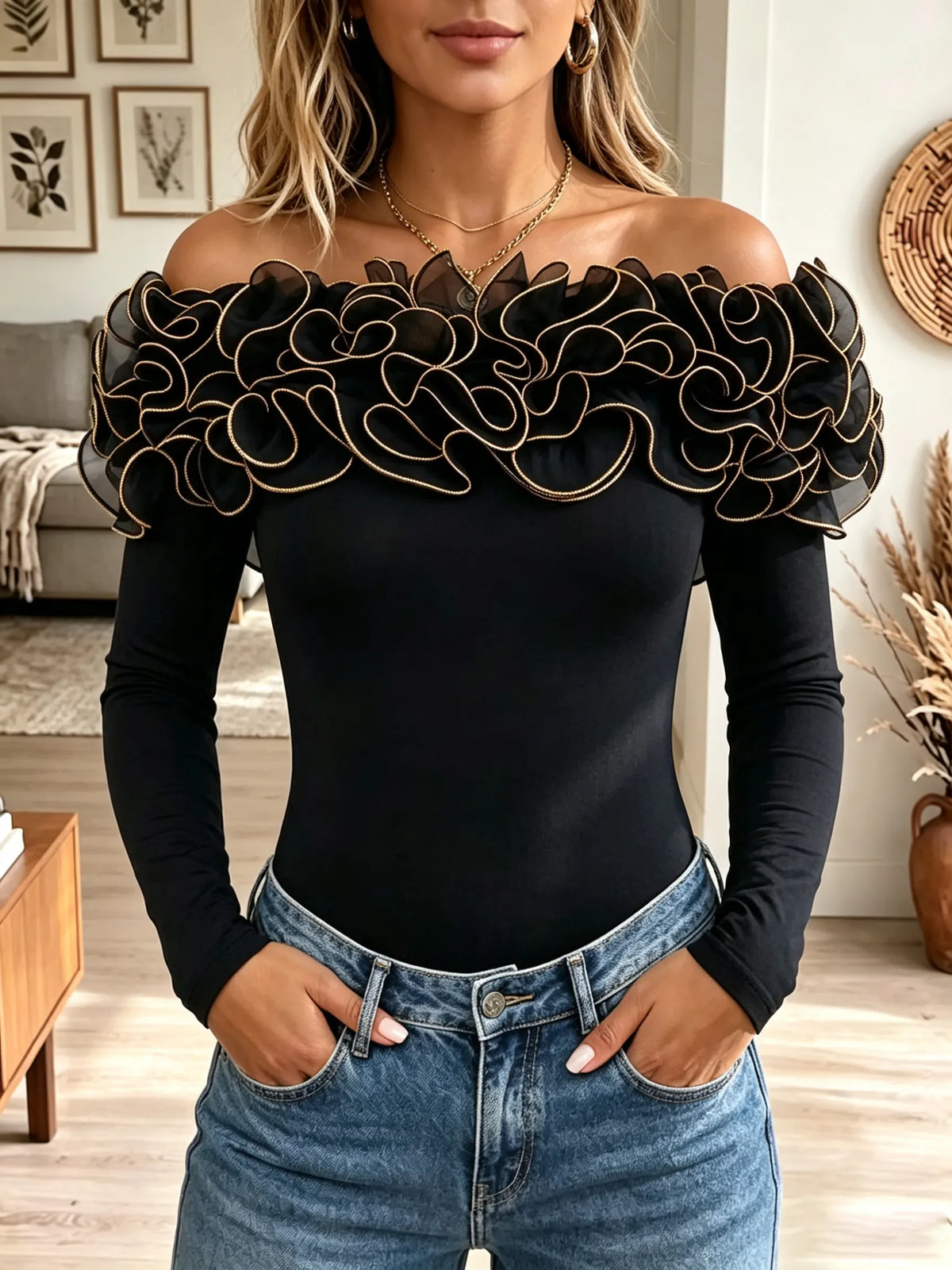 Women's Floral Ruffle Off-the-Shoulder Top