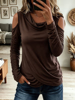 Brown Cowl Neck Cold Shoulder Ruched Long Sleeve Wrap Top