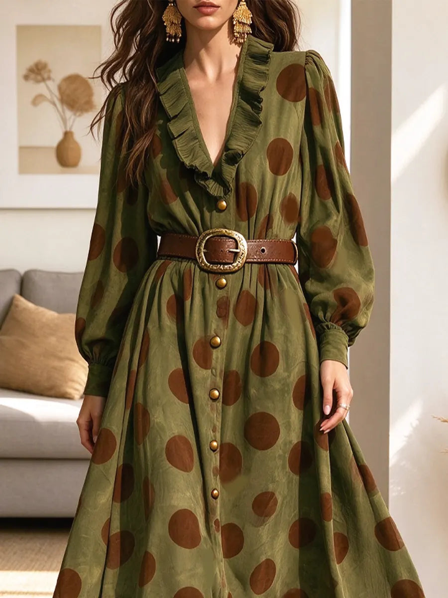 Vintage Elegant Polka Dot Ruffled Art Casual Stylish Long Sleeve Dress