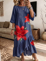 Women Floral Print Linen‑Look Midi Dress Round Neck 3/4 Sleeve Asymmetrical Ruffle Hem Casual Dress