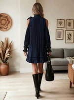Women Cold Shoulder Pleated Mini Dress, Long Sleeve Lace Cuff Ruffle Hem Party Dress