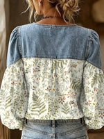 Retro Floral Pattern Art Print Casual Stylish Denim Patchwork Long Sleeve Shirt