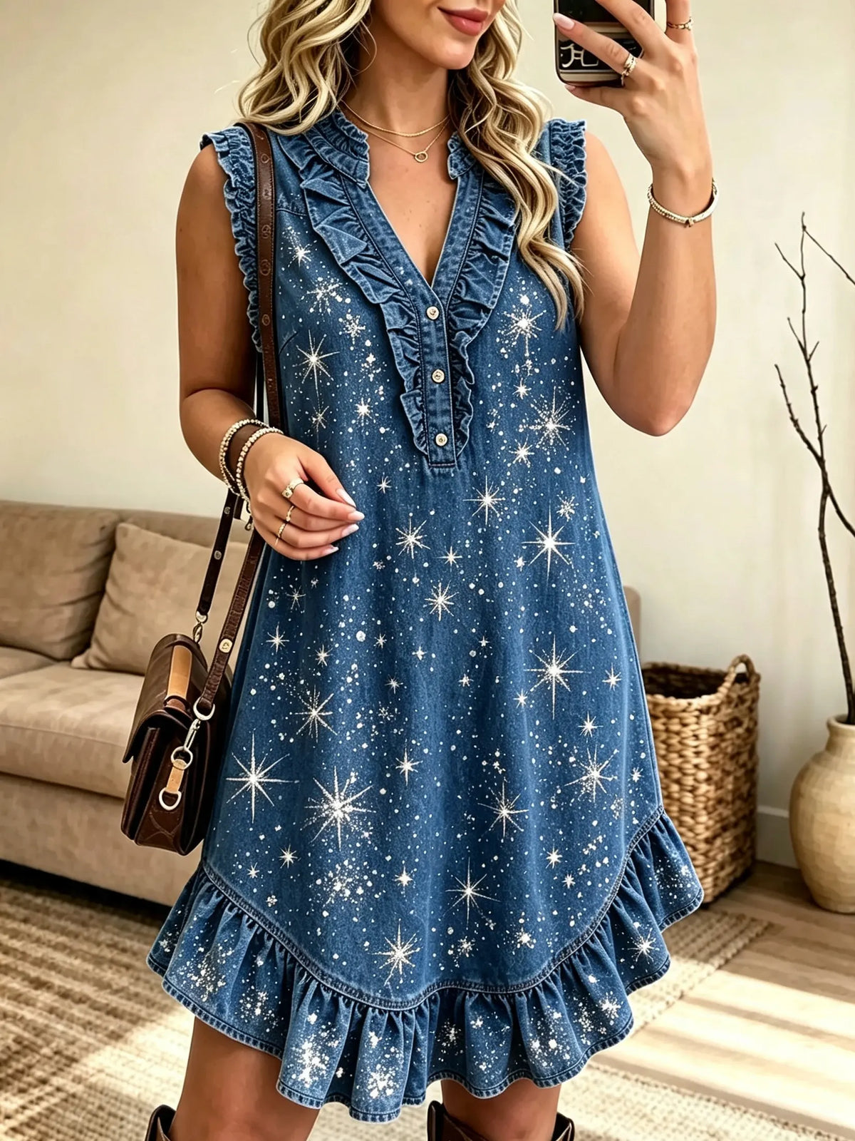 Women's Star Print Ruffle Sleeveless Denim Mini Dress
