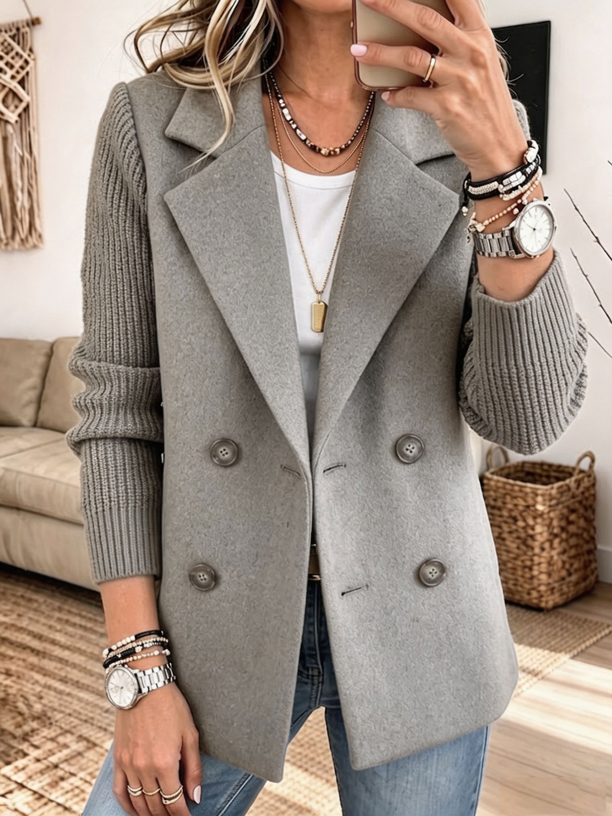 Women Mixed Media Blazer, Knit Sleeve Double‑Breasted Lapel Wool‑Blend Jacket