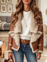 Women's Brown Faux Leather Aviator Jacket with Contrast Cream Shearling Trim