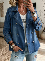 Vintage Washed Denim Pea Coat – Lapel Collar Utility Jacket