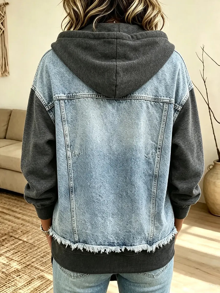 Retro Chic Long Sleeve Hooded Zip Casual Stylish Denim Patchwork Shirt