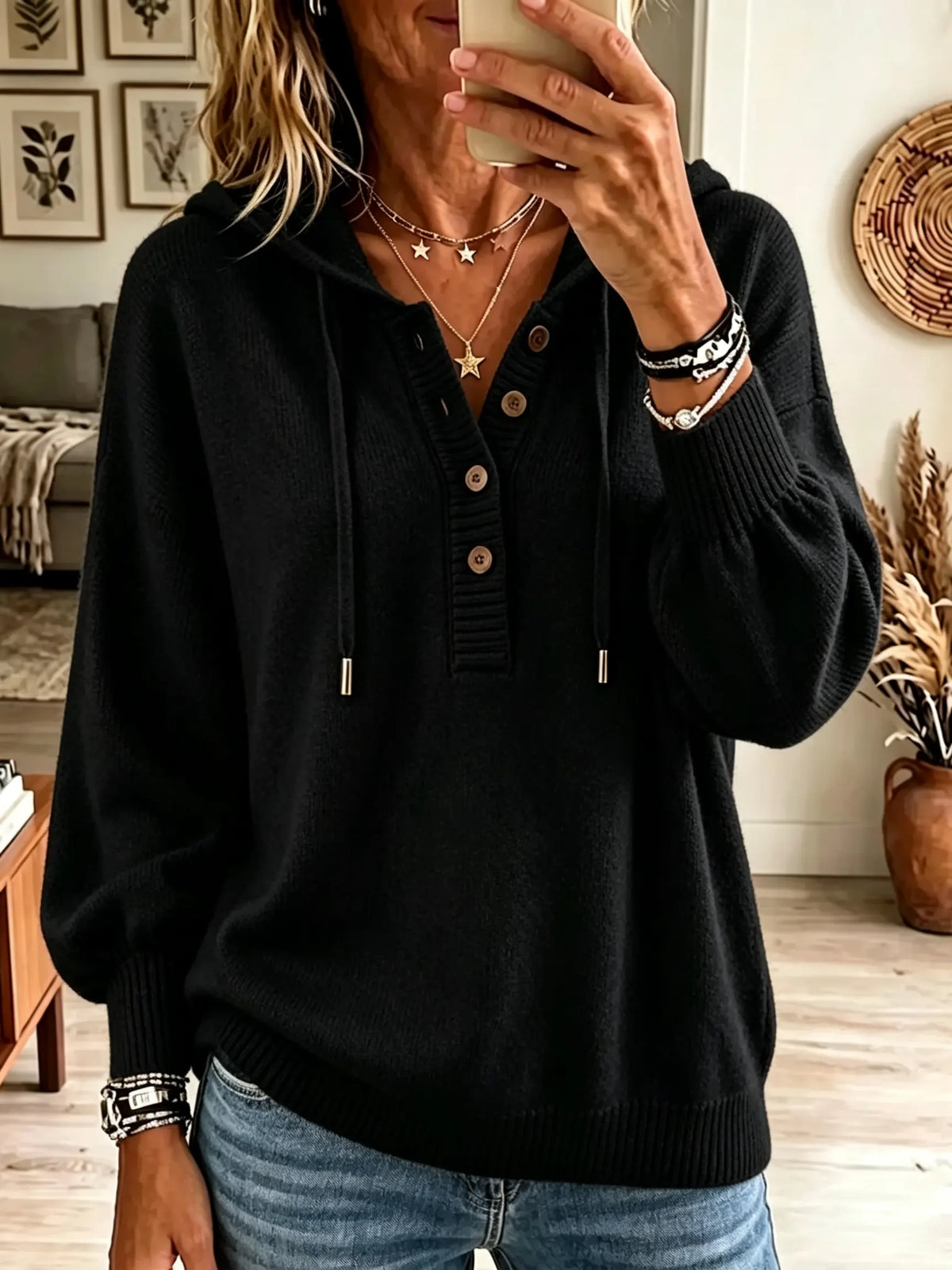 Women's Button Henley Knit Pullover Hoodie