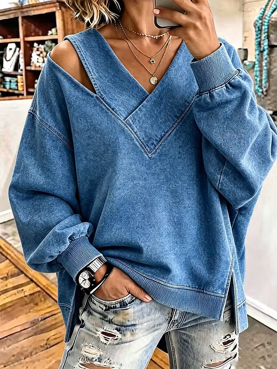 Retro V-neck Art Casual Stylish Long Sleeve Denim Sweatshirt