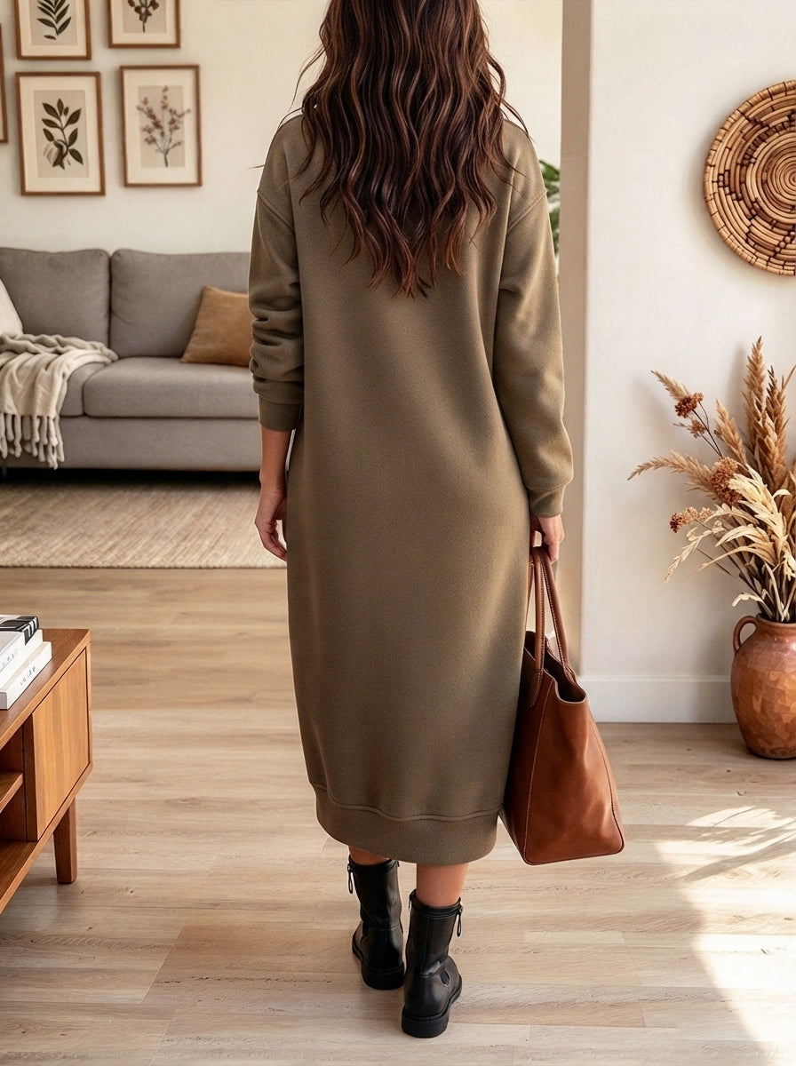 Women's Khaki Colorblock Sweatshirt Dress with Pockets and Abstract Wave Panel