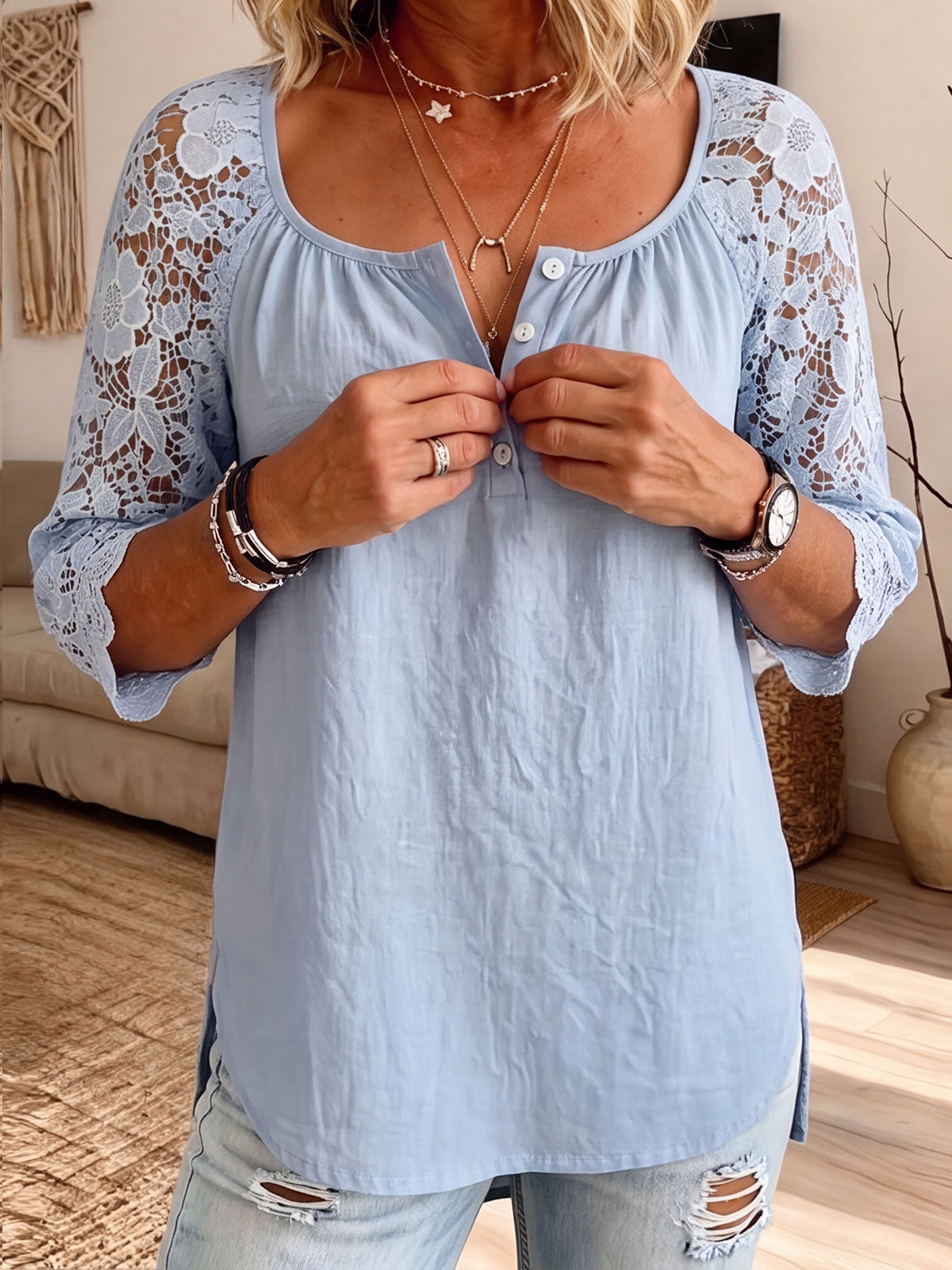 Womens Square Neck Floral Lace Raglan 3/4 Sleeve Henley Blouse