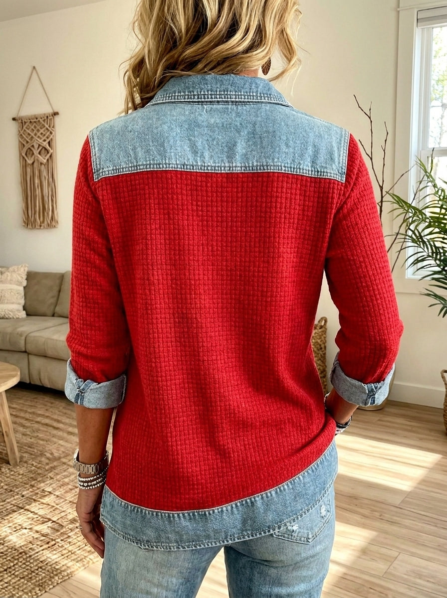 Women Waffle Knit Denim Patchwork Henley Top Lapel Long Sleeve Loose Blouse