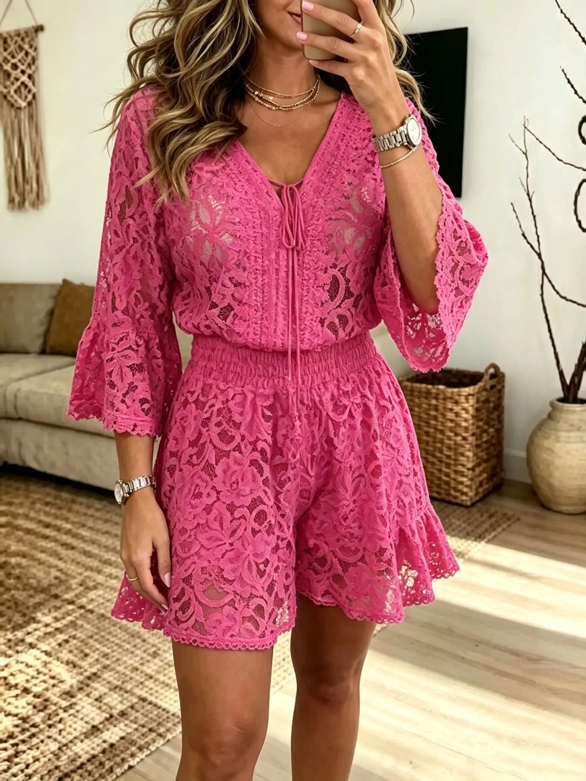 Women's Lace Bell Sleeve Romper