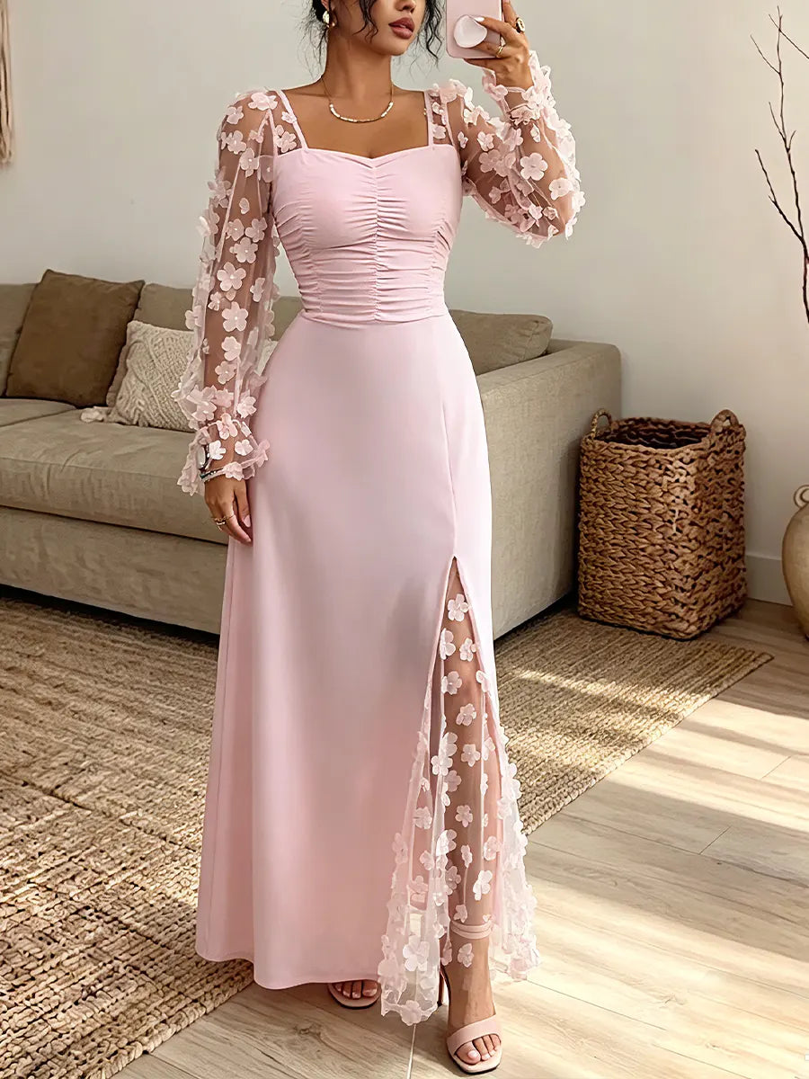 Vintage Elegant 3d Floral See-through Patchwork Cotton Dress