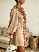 Women's Shimmer Ruffle Trim Puff Sleeve Mini Dress