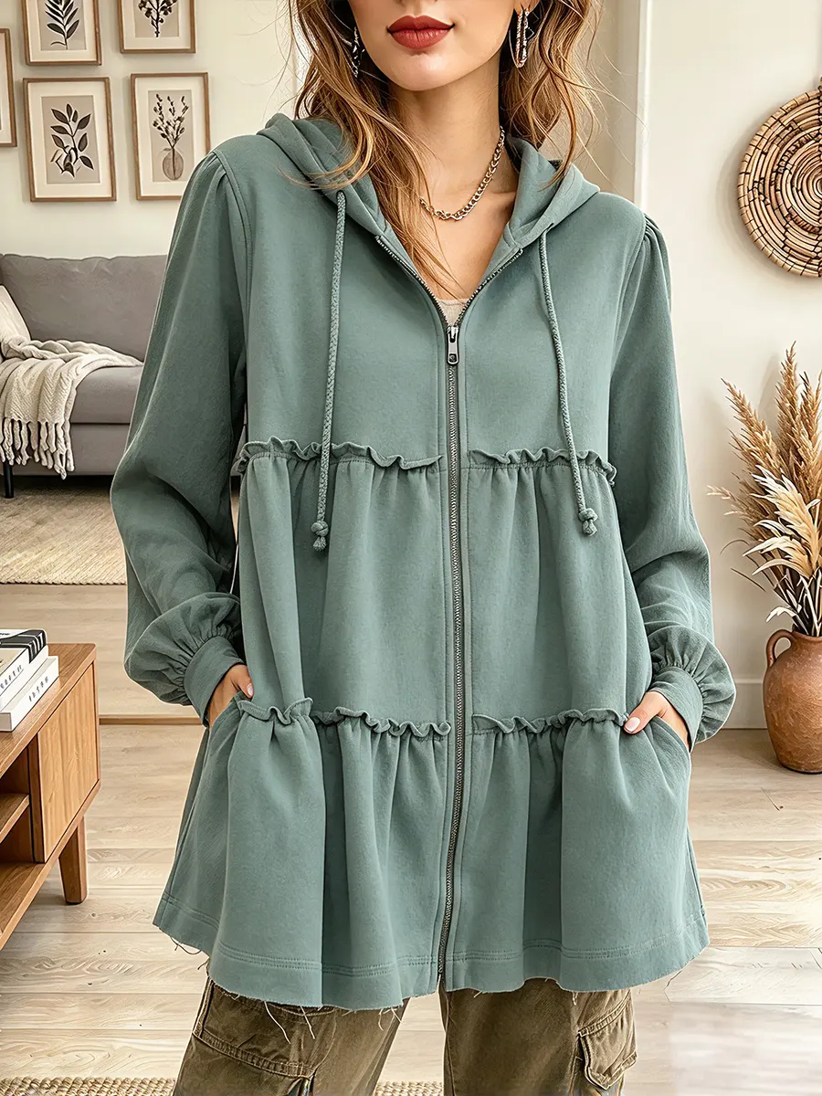 Vintage Elegant Hooded Zip-up Ruffled Sweatshirt Jacket