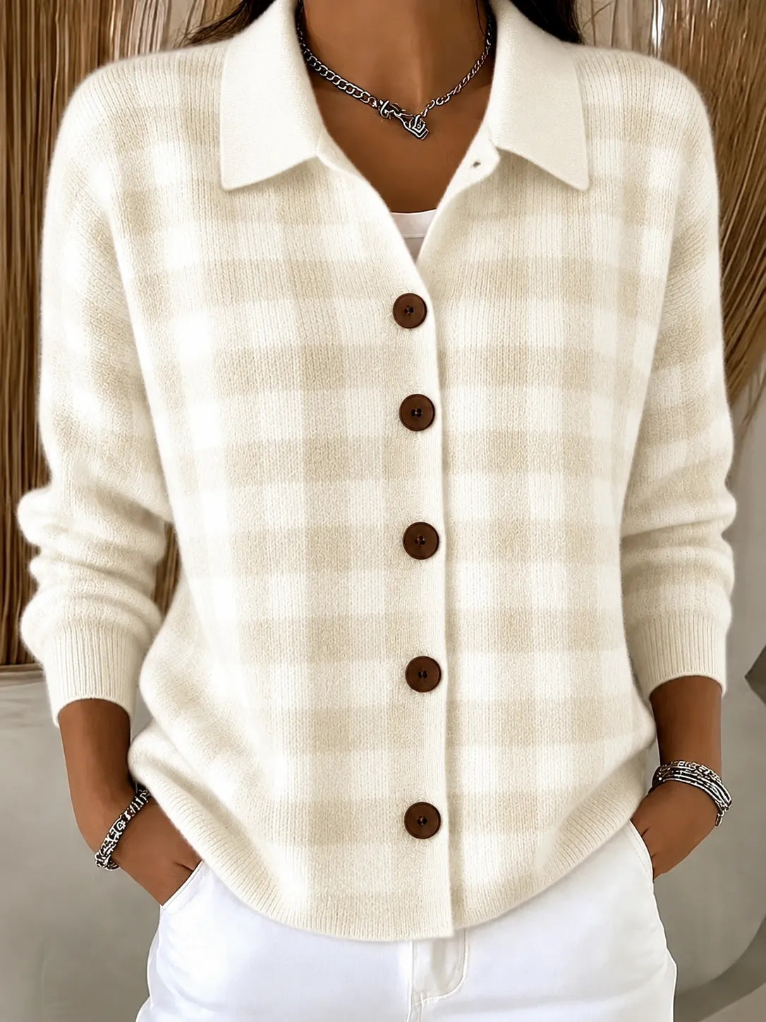 Women Light Blue Gingham Collared Button Knit Cardigan