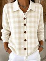 Women Light Blue Gingham Collared Button Knit Cardigan