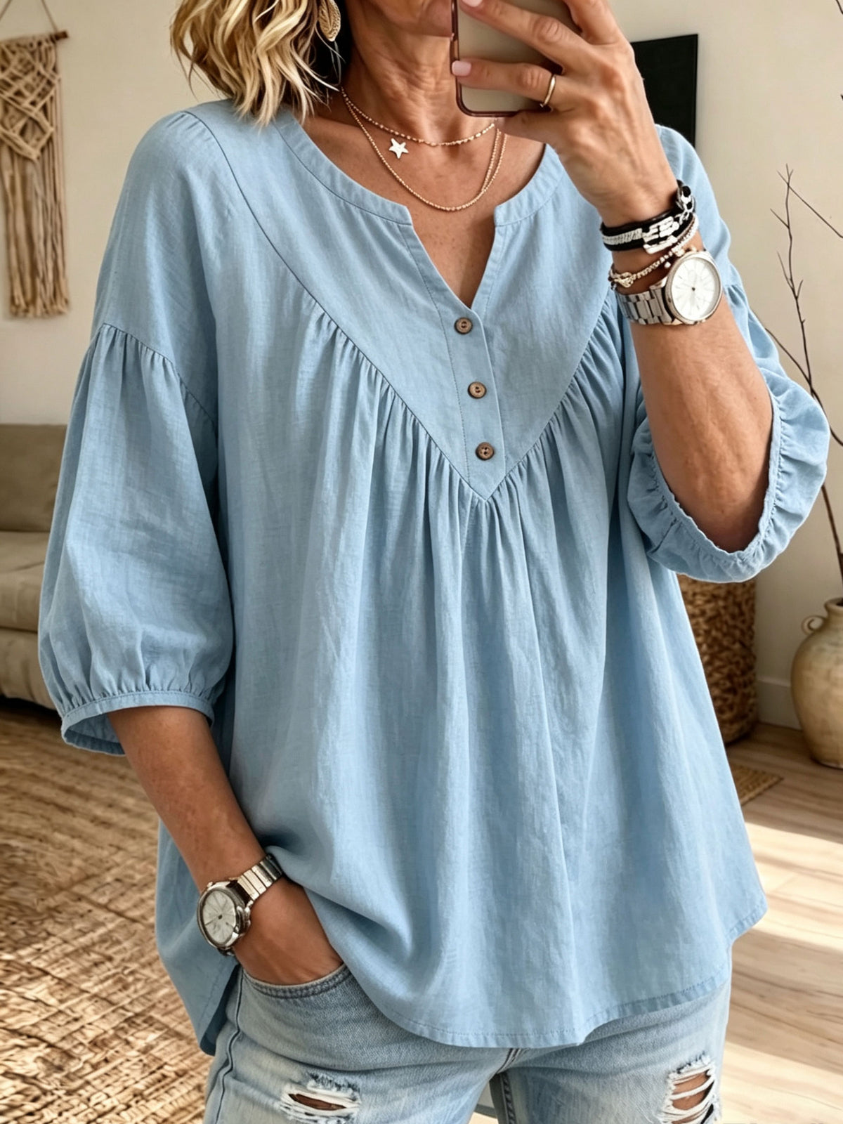 V Neck Button Pleated Puff 3/4 Sleeve Linen Blend Blouse