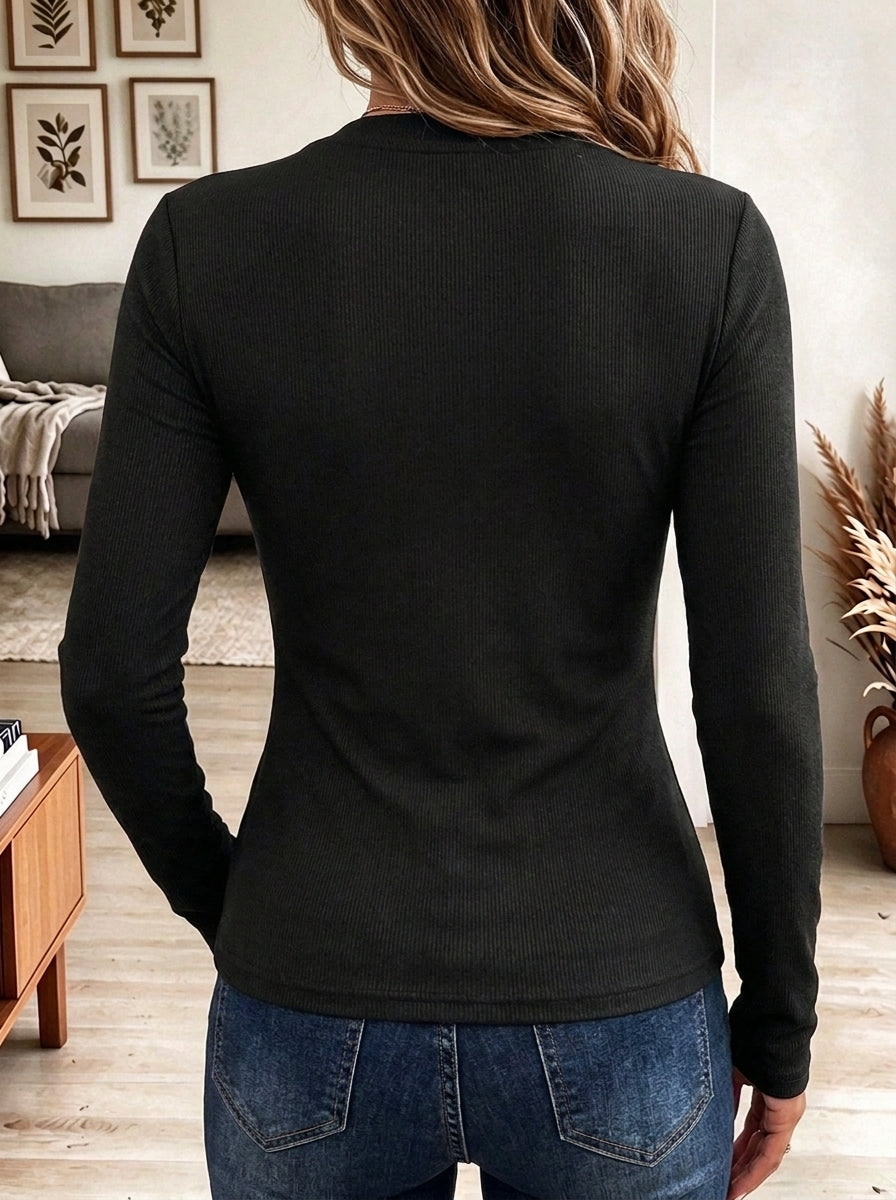 Women's Ribbed Knit Asymmetric Top with Contrast Faux Leather Buckle Strap