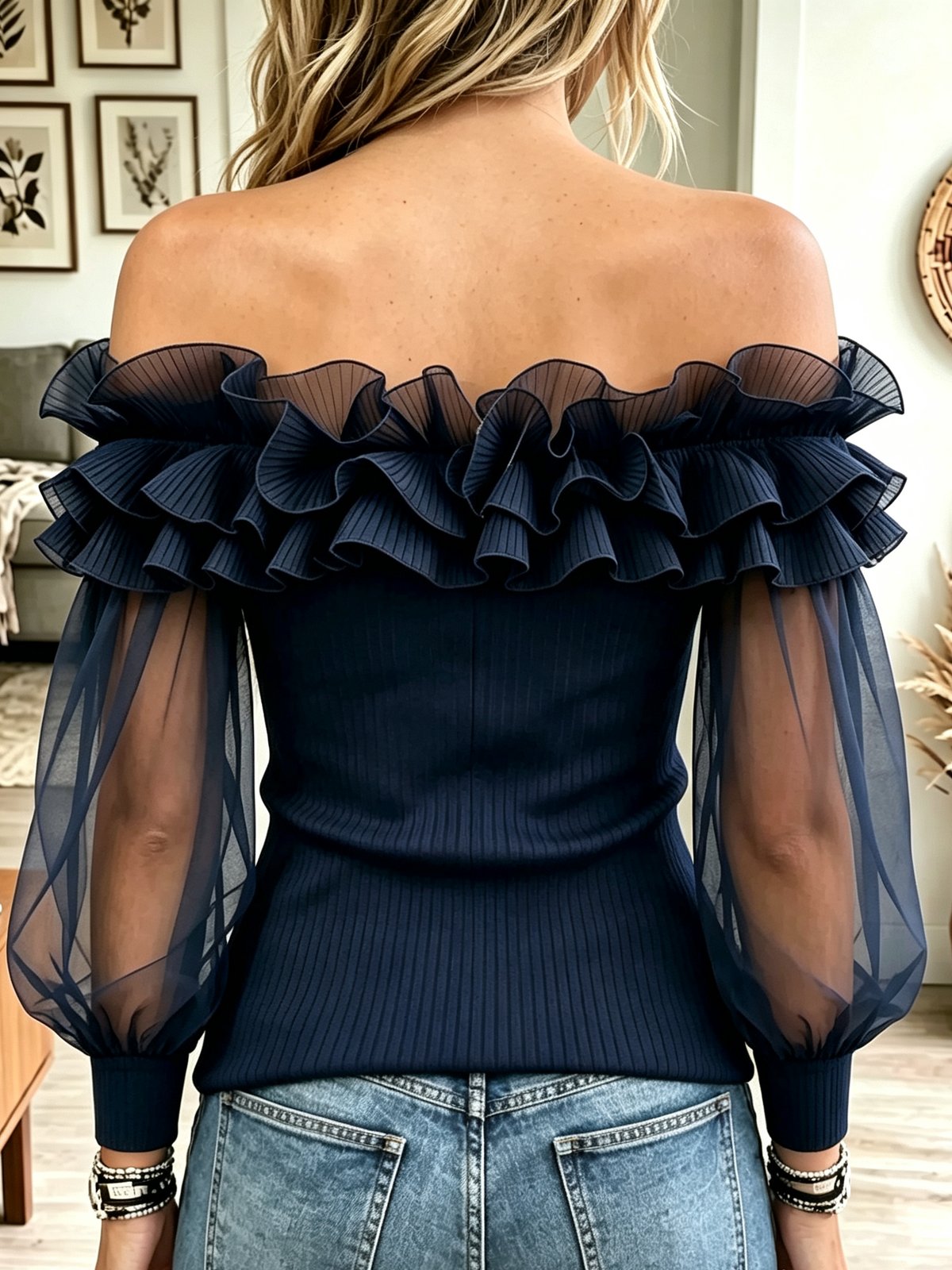 Women's Pleated Ruffle Sheer Sleeve Off-the-Shoulder Top