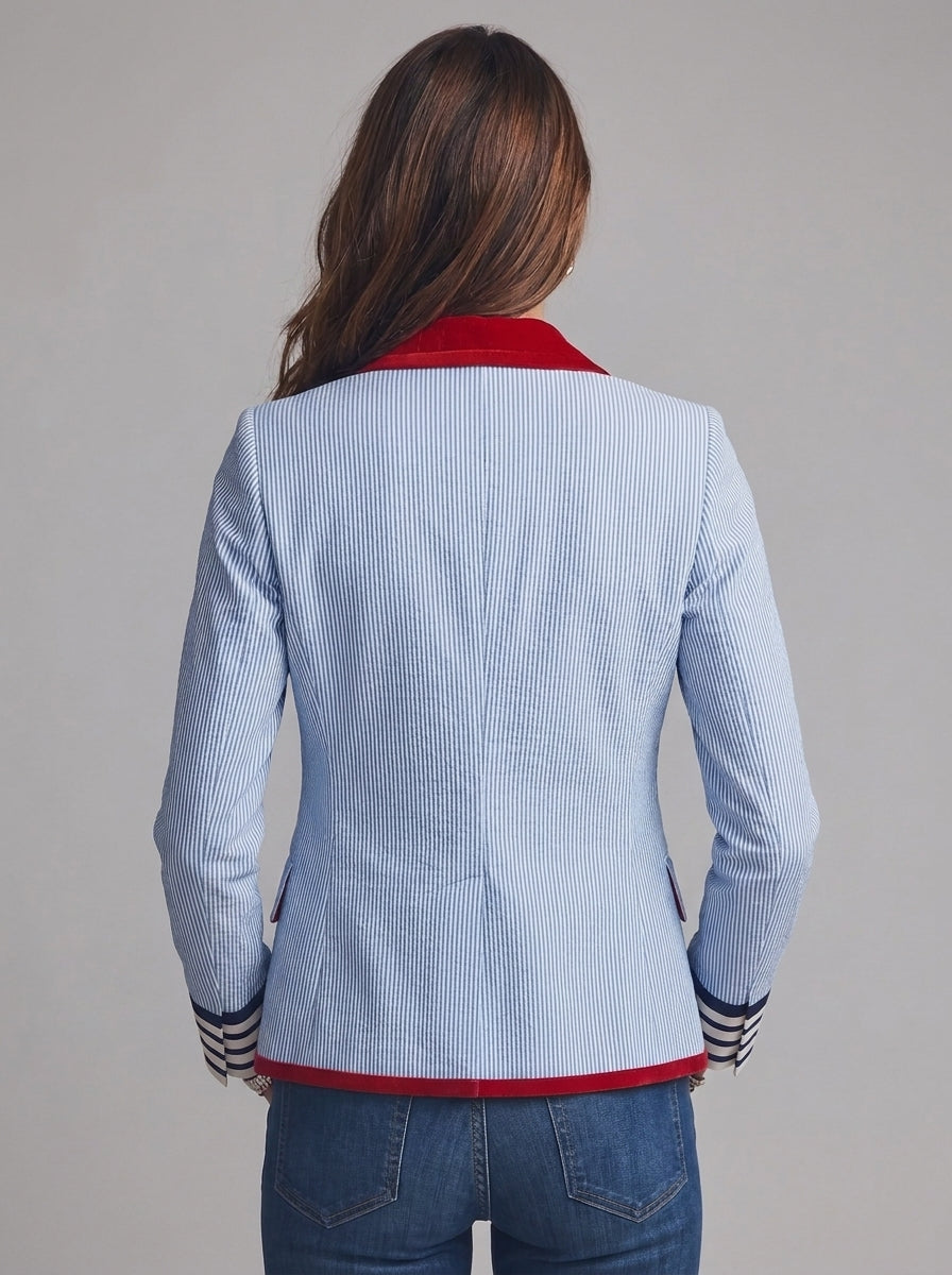 Women Striped Blazer Red Velvet Trim Lapel Single‑Button Slim Casual Jacket With Pockets