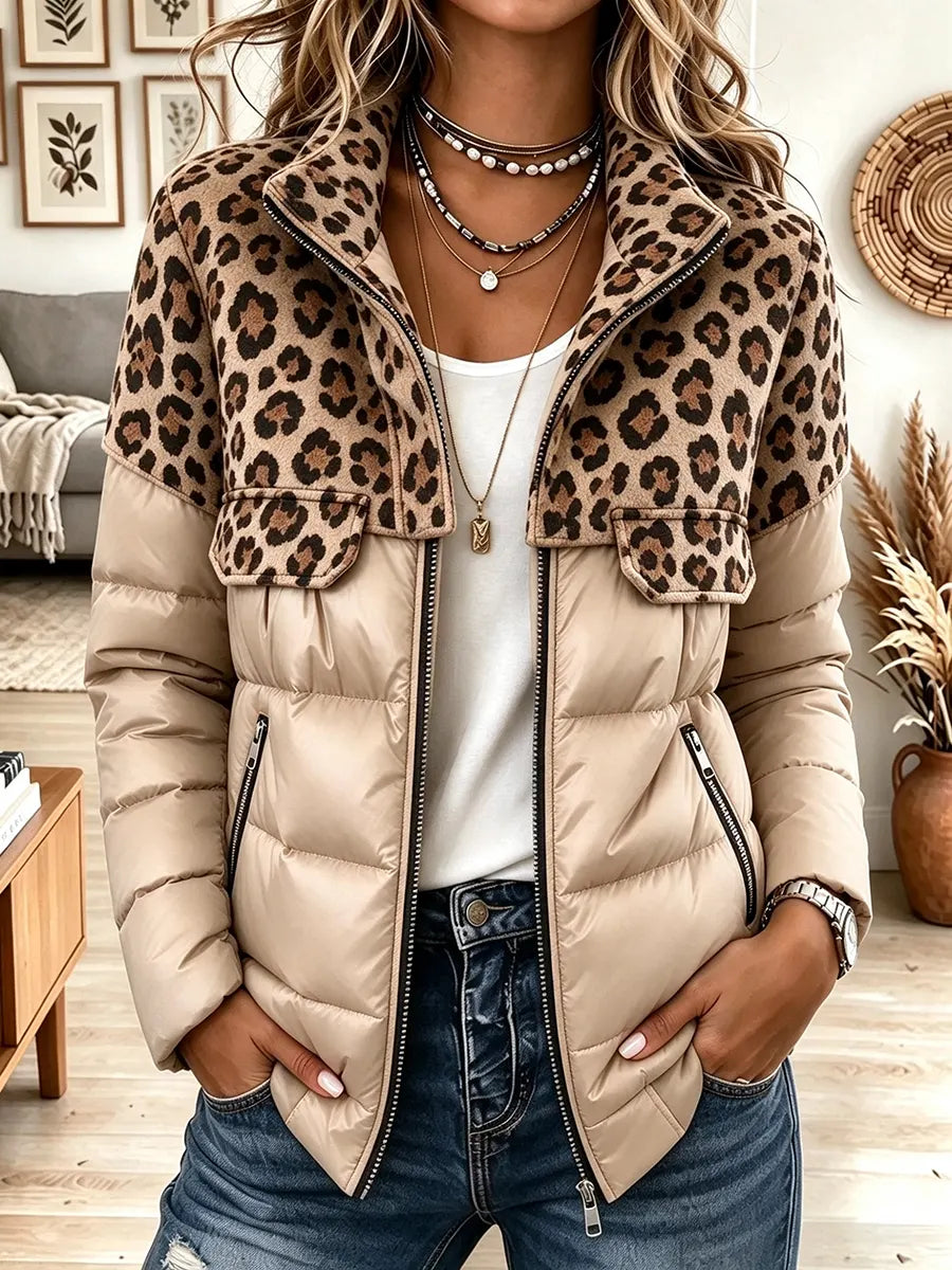 Women's Leopard Print Color Block Puffer Jacket