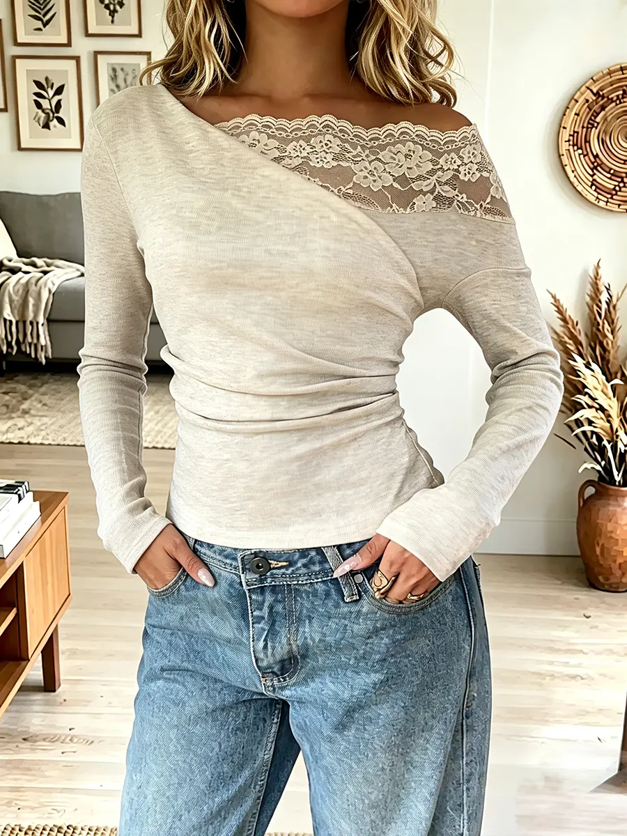 Vintage Elegant Knitted Fabric Off-the-shoulder Patchwork Lace Shirt
