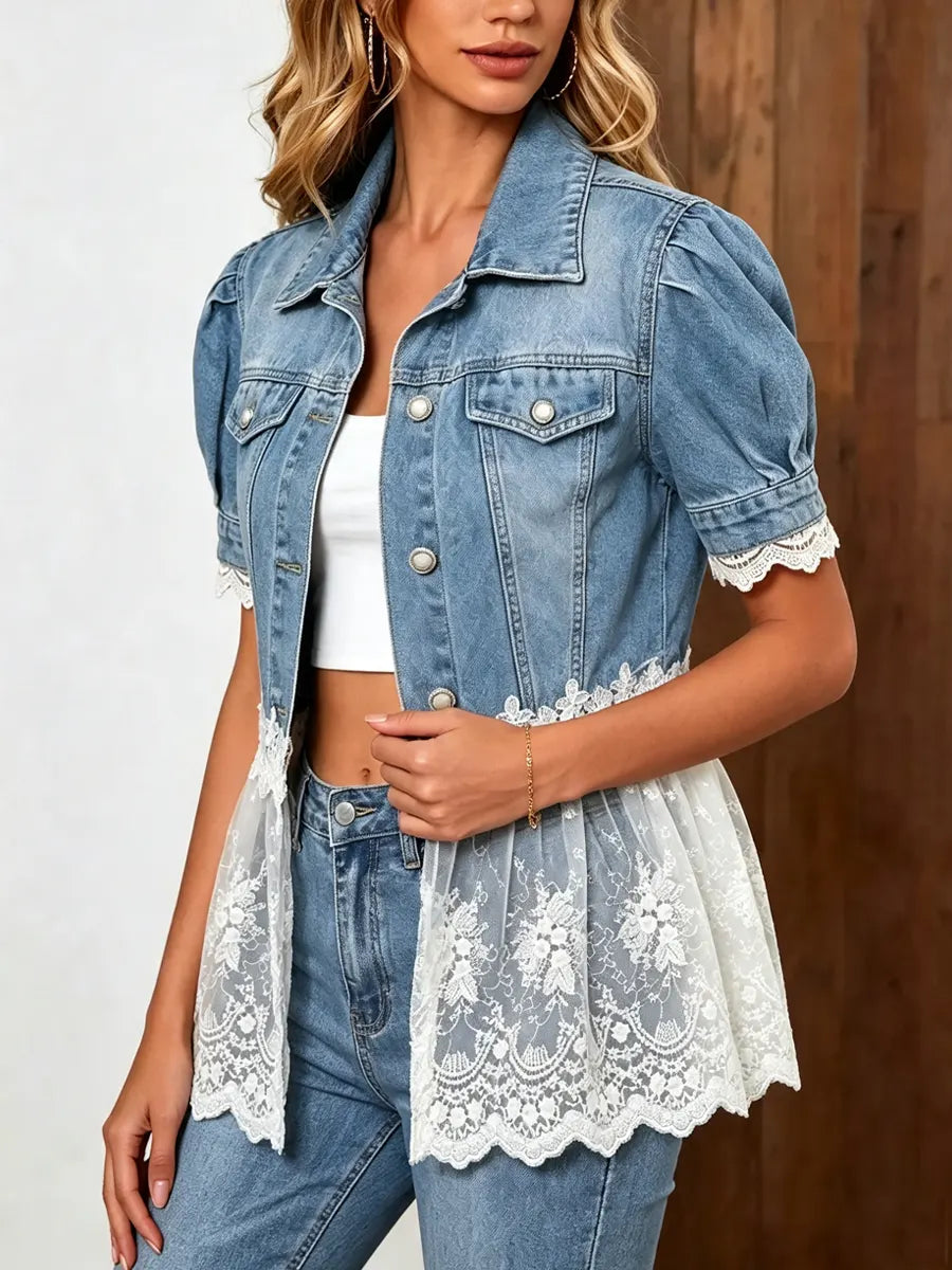 Retro Floral Lace Patchwork Casual Stylish Short Sleeve Denim Lapel Coat