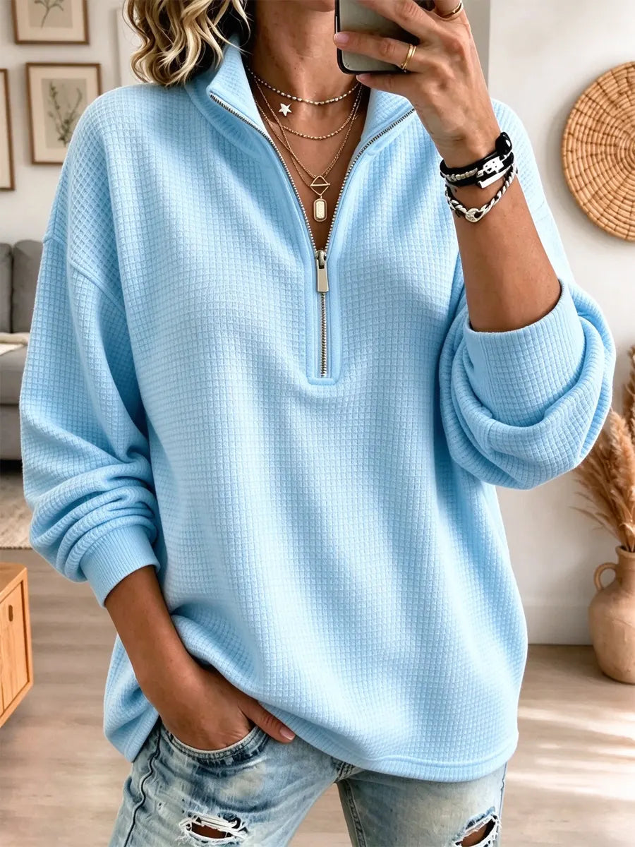 Retro Waffle Solid Color Art Casual Loose Zip Stylish Long Sleeve Shirt