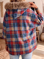 Plaid Faux Fur Hood Zip Up Batwing Sleeve Cape Coat