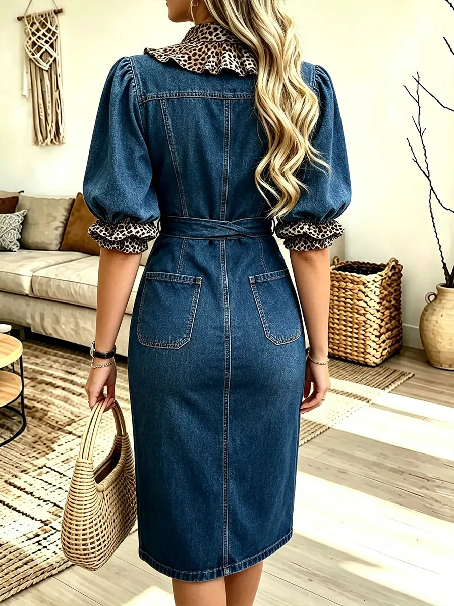 Women's Leopard Print Patchwork Denim Mid-length Dress