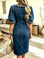 Women's Leopard Print Patchwork Denim Mid-length Dress